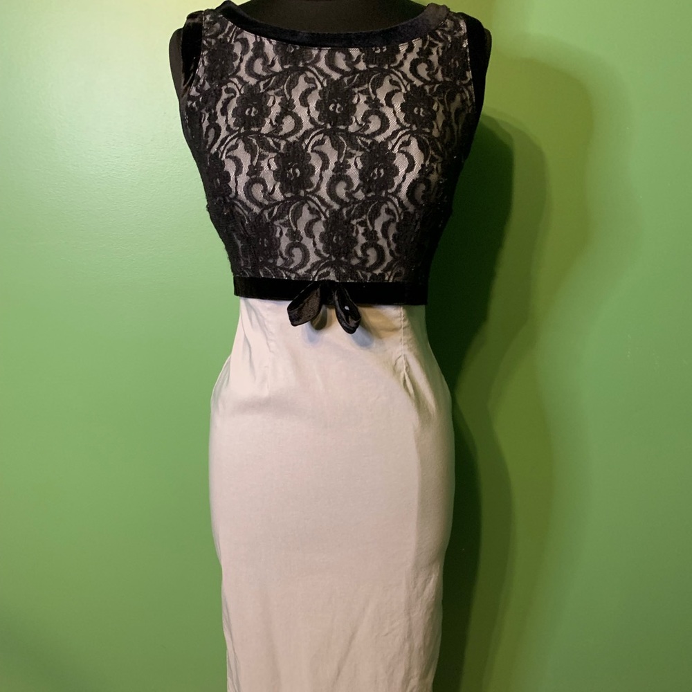 Pinup Girl Clothing grey dress with lace bodice.